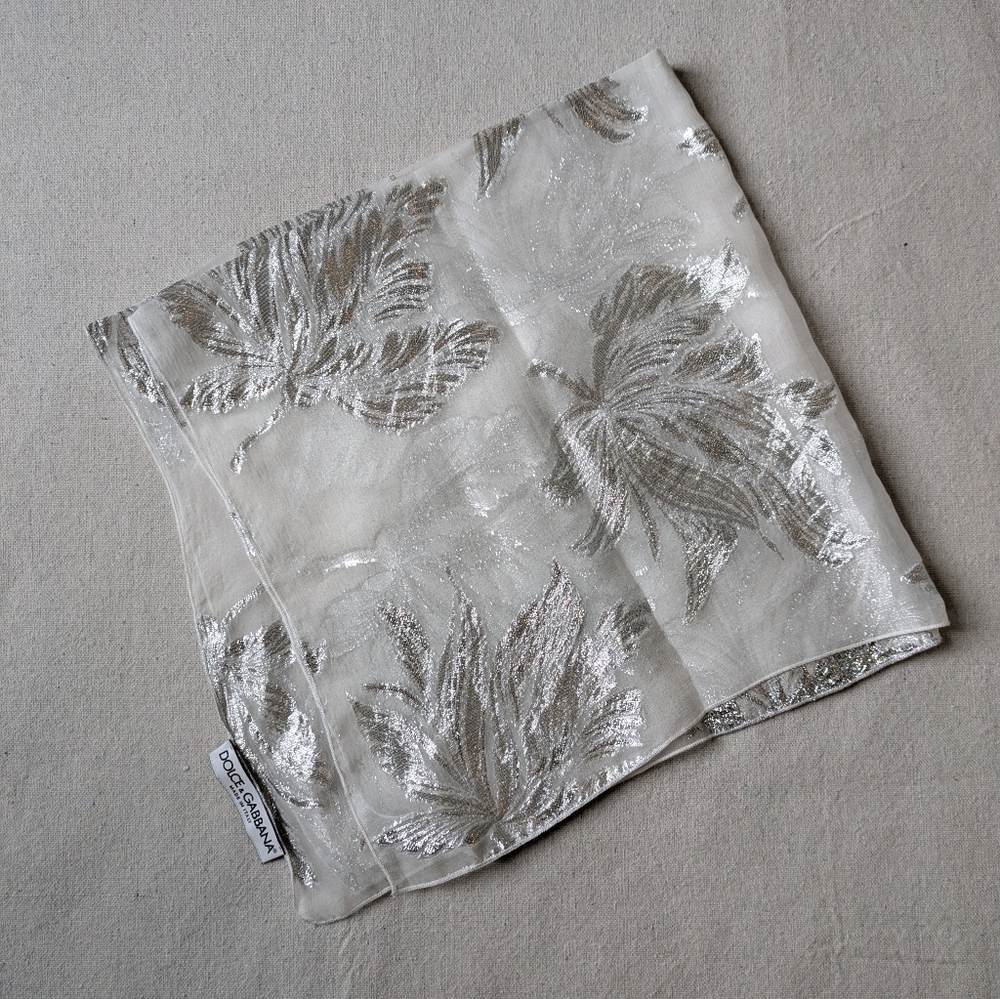 Dolce & Gabbana Vintage Metallic Silver Feather Scarf Square